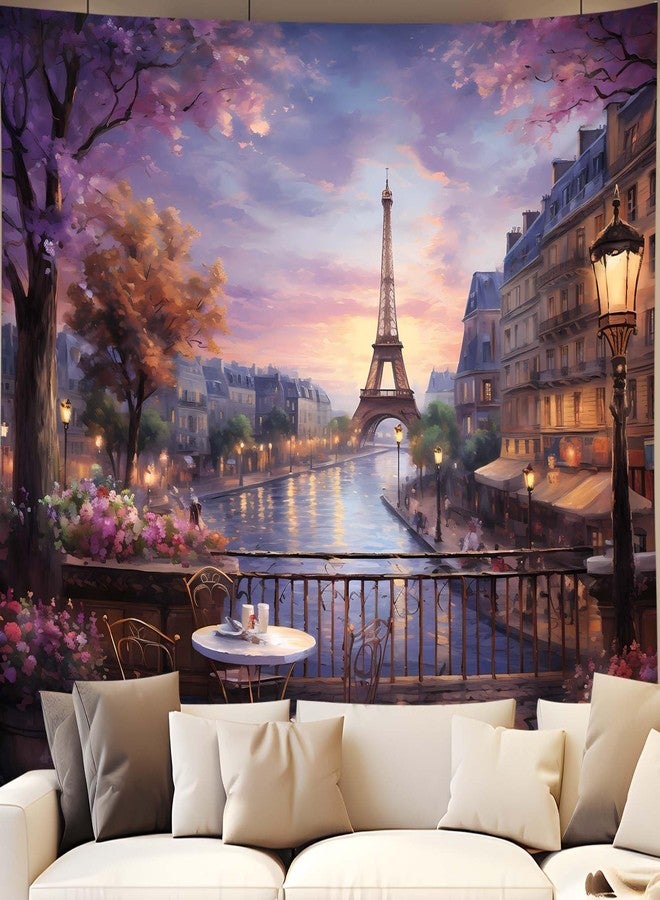 QGHOT Vintage Paris Tapestry Wall Hanging Eiffel Tower Backdrop French Themed Cityscape Tapestry Cafe Decor Romantic City Wall Art for Bedroom Paris Theme Party Decorations 90.6"x70.9" - Image 1